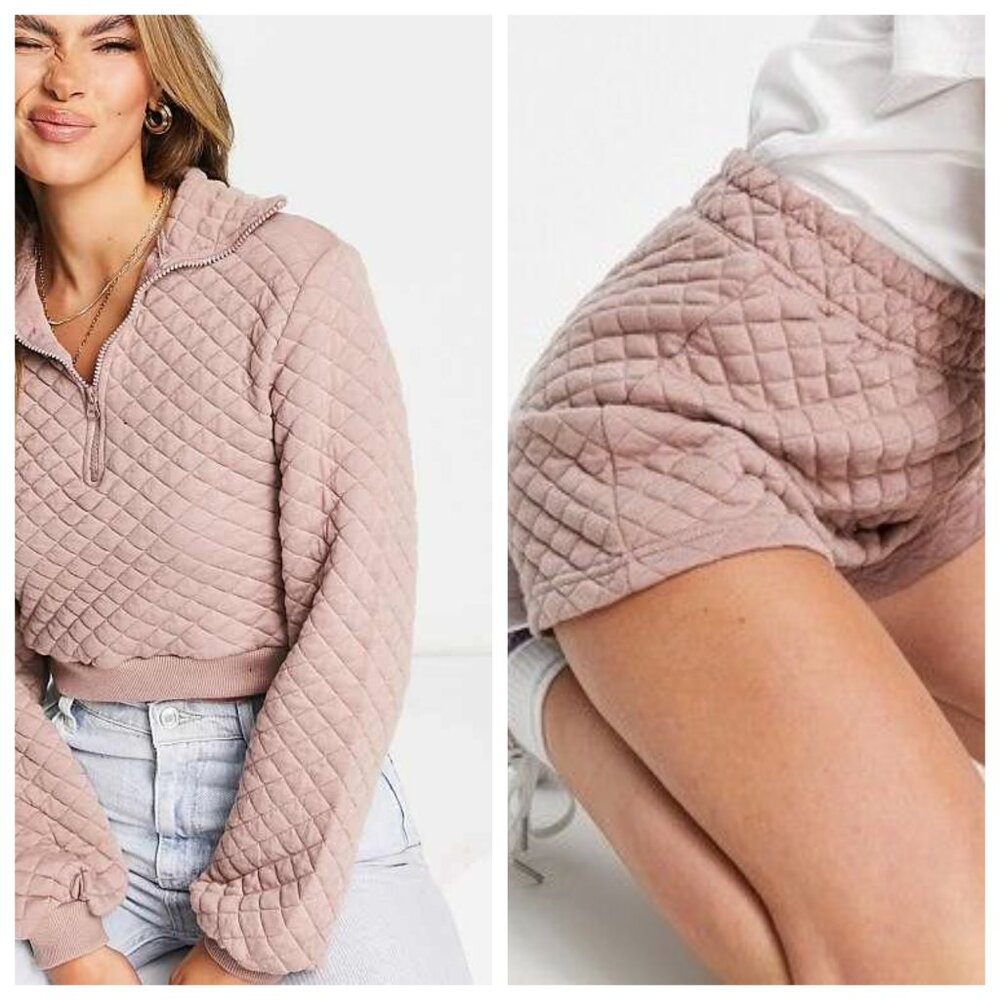 ASOS Threadbare Quilted 2 Piece Taupe Half Zip Sweatshirt Shorts Set Size 4 US